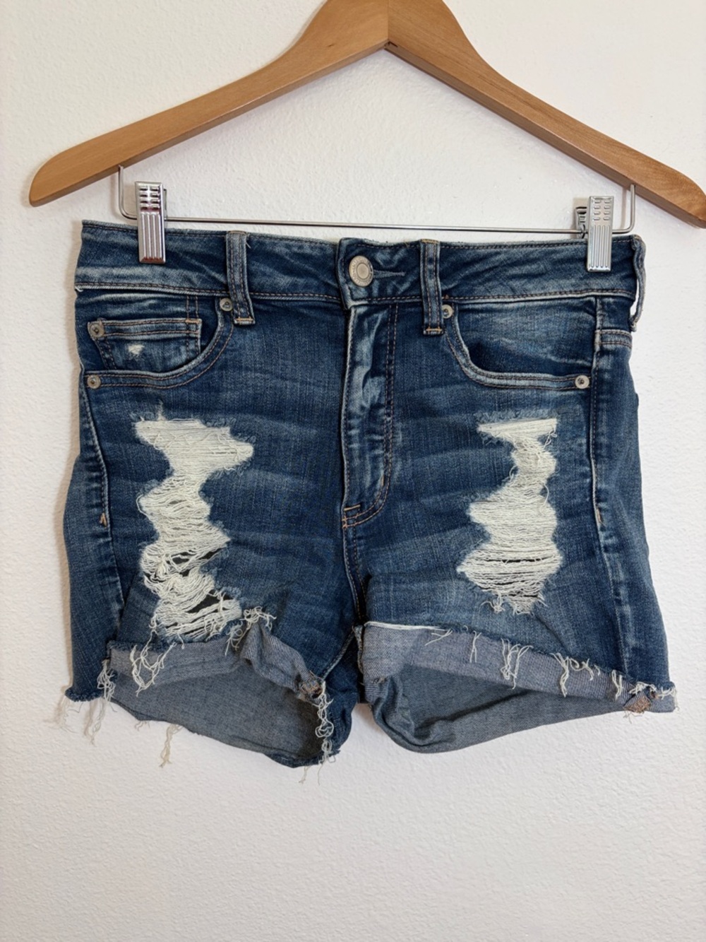 American Eagle Outfitters Distressed Hi Rise Shortie Blue Denim Shorts